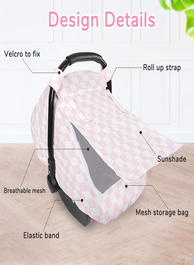 DAYEEBALL Summer Baby Car Seat Cover, Muslin Carseat Cover for Infant Boys Girls with Large Mesh Window, Breathable Newborn Car Seat Canopy, Pink Checkerboard - Image 4